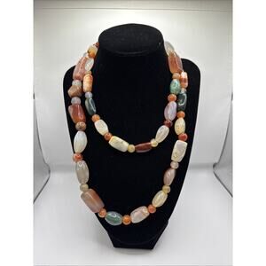 VINTAGE MULTI COLORED SEMI PRECIOUS GEMSTONE NECKLACE 36” LONG BARREL CLASP